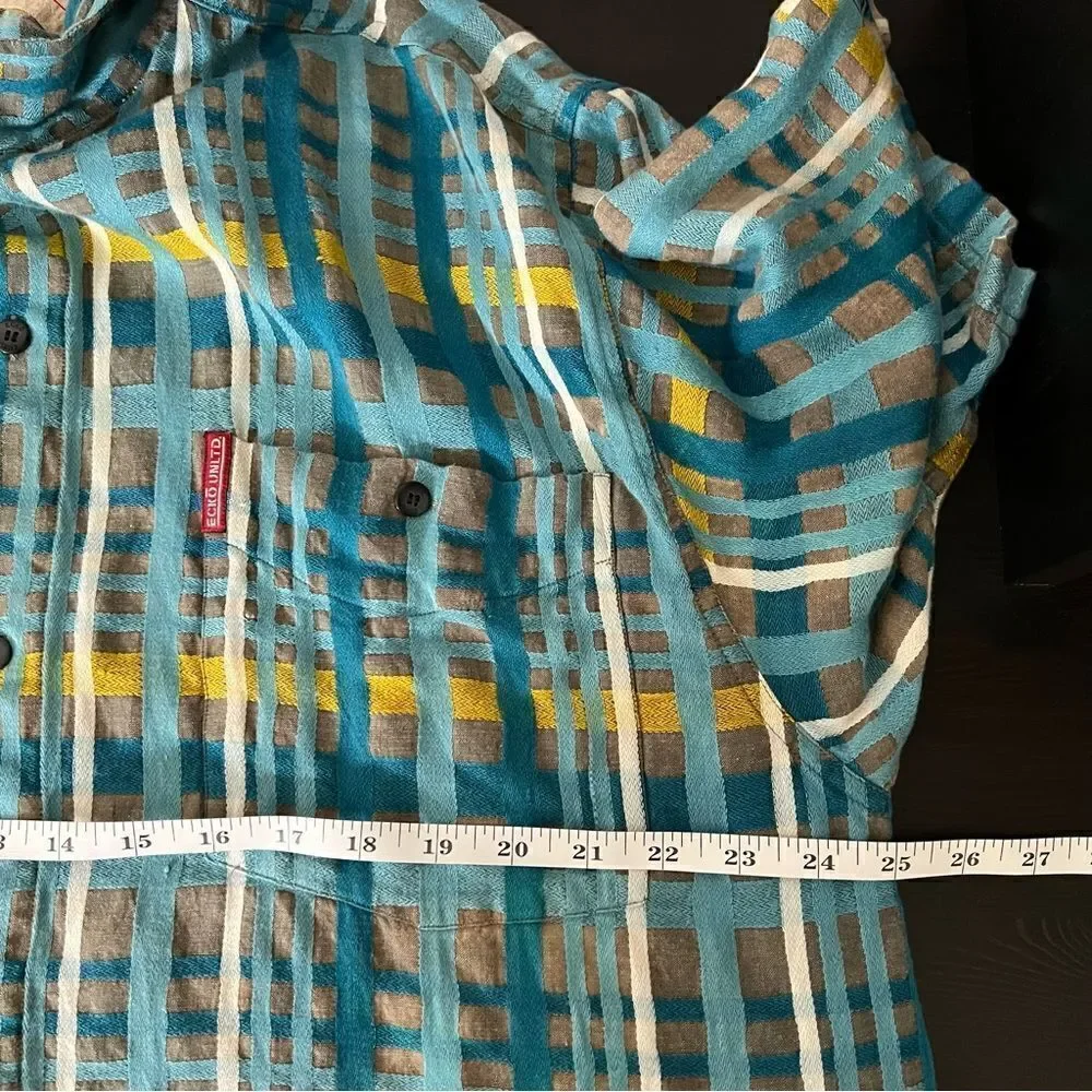 Ecko Unltd Shirt Mens XL Blue Plaid Button Up Short Sleeve Pockets Outdoor Logo